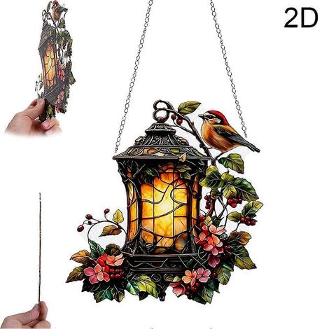 Attrape-soleil oiseau cardinal style vitrail décoration à suspendre pour la maison - 1 pièce - Branche de rouge-gorge (1/4)