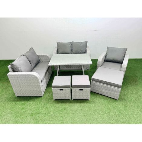 Fimous 8 Seater Outdoor Rattan Garden Furniture Set Love Sofa Reclining Chair Set with Rectangular Dining Table 3 Footstools Light Grey (1/4)