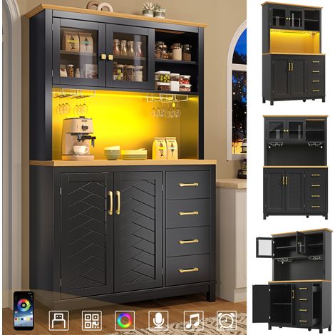 Buffet vaisselier campagne 180x105,5x40 cm, 4 portes, meuble cuisine rangement avec éclairage LED et porte-bouteilles, vert noir blanc