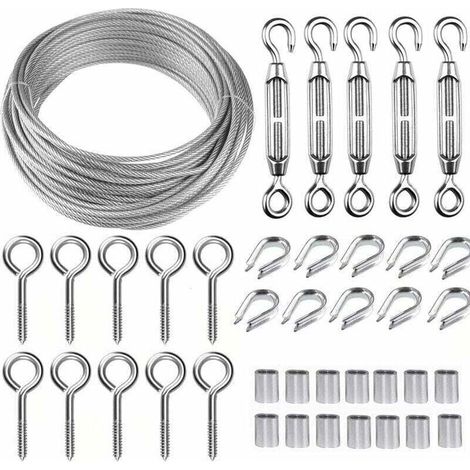 Kit de câble métallique en acier inoxydable de 5 m/2 mm avec tendeur de fil robuste M5, kit de rouleau de fil de clôture, kit de gardecorps de câble, tendeurs de fil de jardin pour plantes grimpante (1/4)