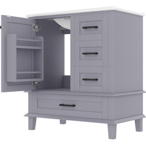 Meuble de salle de bain sur pied 76×46×83,5 cm avec lavabo intégré en céramique, finition laquée grise, 3 tiroirs silencieux, portes et étagères (1/5)