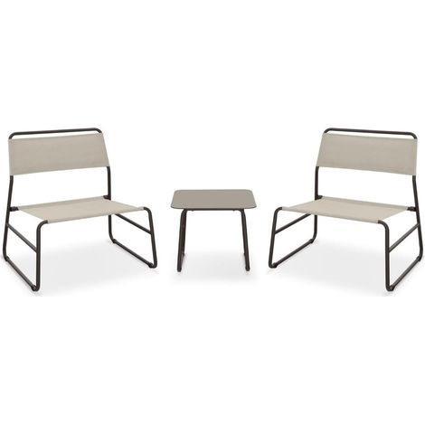Salon de Jardin extérieur Cannes - Ensemble Table et chaises d'extérieur en Acier Marron foncé avec fauteuils en textilène Beige et Table carrée en Verre trempé, Ensemble de Jardin extérieur (1/5)