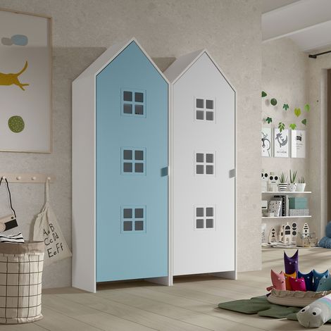 Armoire 2 portes 155x37x171cm bleu et blanc - CASMY