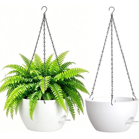 25 cm Self Watering Hanging Flower Pot, Set of 2, White Hanging Planters for Indoor Outdoor with Drainage and Removable Tank, Plant Hanger for Balcony, Living Room (1/5)