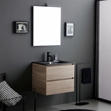 Set- Badmöbel 60 Cm Mit 2Schubladen, Schwarzem Waschbecken + Spiegel Und Schwarzer Lampe  Berlin