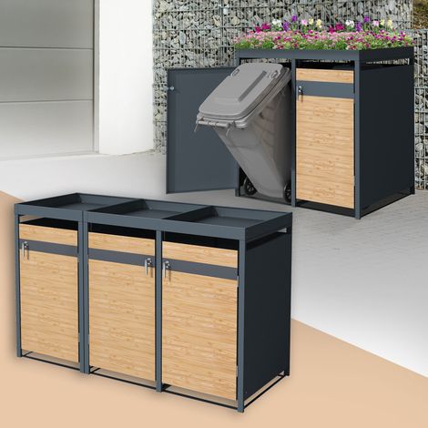 ML-Design Mülltonnenbox 3er mit Pflanzdach für 3 Tonnen, 240L 200x80x124 cm Holzoptik, Stahl, wetterfest, Abschließbare Mülltonnenverkleidung mit Tür, Müllbox Mülltonnecontainer Mülltonnenabdeckung (1/5)
