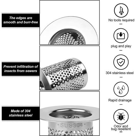 Filtre de bonde de baignoire en acier inoxydable pour cuisine et salle de bain, bouchon anti-cheveux en maille (1/4)