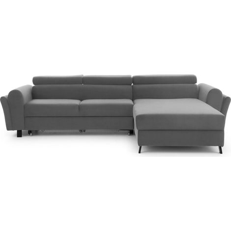 Canapé d’angle convertible MAZALI velours - Appuis-tête réglables et rangement A droite-Gris-Méridienne A droite (1/5)