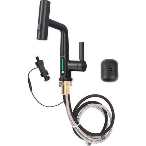 WC-Waschtischarmatur mit 5 Wasserflussmodi, Badezimmerarmatur, LED-Temperaturanzeige, universeller Kupfer-G1/2-Anschluss für Waschmaschine und Trockner (SCHWARZ)