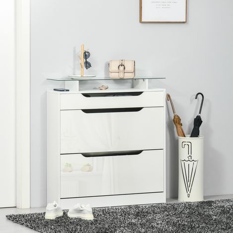 Meuble à chaussures HOMCOM à 2 portes, étagère étroite pour 16 paires de chaussures avec tiroir, étagère ouverte et plateau en verre, idéal pour une entrée ou un couloir, 89 x 23 x 96 cm, blanc