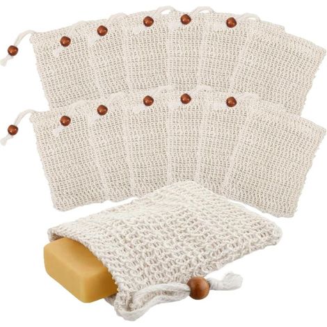 12 Pièces Pochettes à Savon Sisal Filet Savon Exfoliant Travel Soap Bag Mousse avec Fermeture Cordon Coton Reutilisable Lavable Filet Douche Suspendre pour Nettoyage Visage et Bain (1/5)