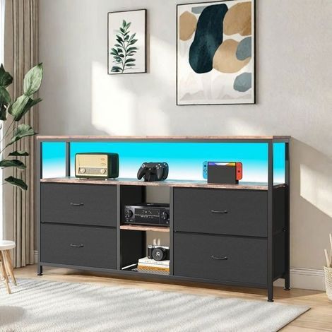 Buffet mit 4 Schubladen 3 Regalen, Lowboard mit LED, Wohnzimmerschrank, TV-Möbel, Metallrahmen, Stauraummöbel, Schwarz