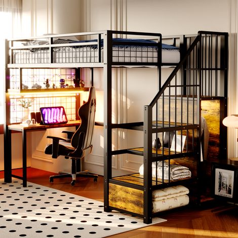 Letto a soppalco in metallo nero 90x200 cm con scrivania, scaffali, prese e scala contenitore