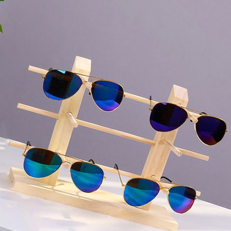 Présentoir à lunettes en bois massif, élégant et antidérapant, facile à installer, pour la maison ou un magasin d'optique. 6 paires de lunettes sur deux rangées. (1/5)