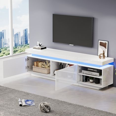 Mueble TV 170x35x50 cm con luces LED 2 estantes y 2 armarios de almacenamiento blanco apto para televises de 70 pulgadas (1/5)