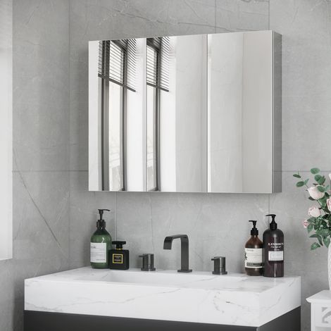Meuble miroir de salle de bain mural, 3 portes miroir, 5 étagères, inox, argent, 70x12x55 cm (1/5)