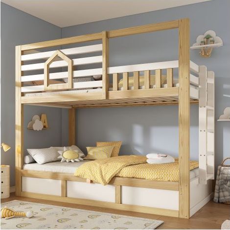 Lit Superposé Enfant 90x200 cm Style Cabane Coffre - Lit Enfant - Blanc et Bois Échelle Droite Certifié EN747 Gain de Place Fenêtres (1/5)