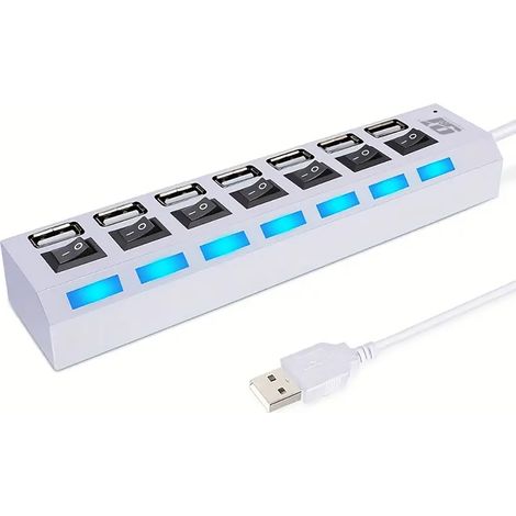 Pack x 4 unidades REGLETA HUB 7 PUERTOS LED, ADAPTADOR USB 2.0 ALTA VELOCIDAD INTERRUPTOR Color Blanco - SpazioLuzio