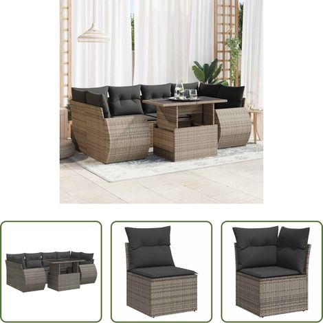 vidaXL Canapé en résine - Salon de jardin avec coussins 7 pcs gris résine tressée (1/5)