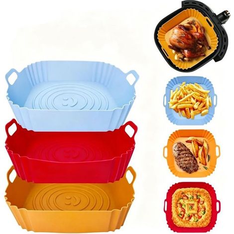6er-Set quadratische Silikonformen für Heißluftfritteuse, wiederverwendbare Einlage mit Smiley-Motiv, geeignet für Heißluftfritteuse, Backofen und Mikrowelle, Blau, Rot, Orange (1/5)