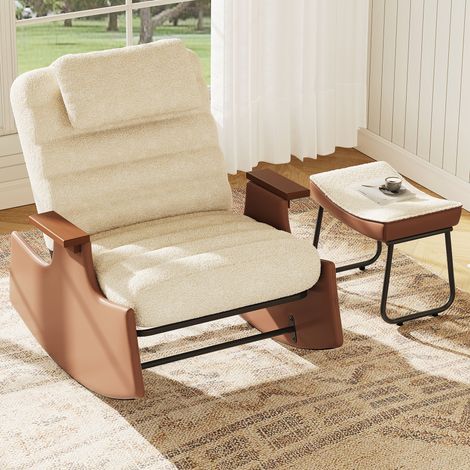 BLANKETSWARM - Fauteuil à bascule savec Repose-Pieds - Dossier Réglable 3 Positions scandinave, Chaise à Bascule Fauteuil Relax avec Appui-Tête, Accoudoirs en Bois, pour Salon Chambre Lecture - Mouto