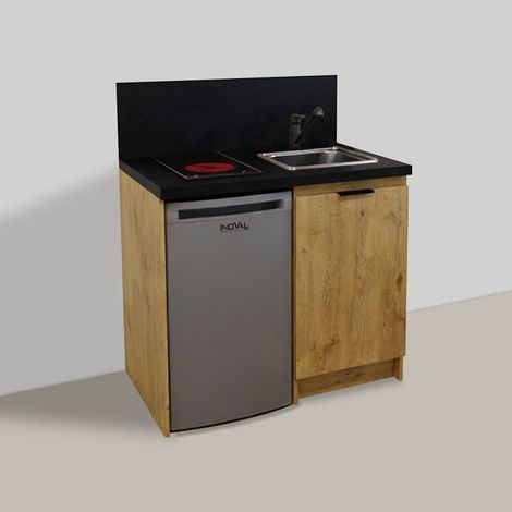 Inoval – Kitchenette chêne golden 100cm – Évier 39x45cm – Réfrigérateur 86L – Plaque de cuisson 3000W – Mitigeur orientable