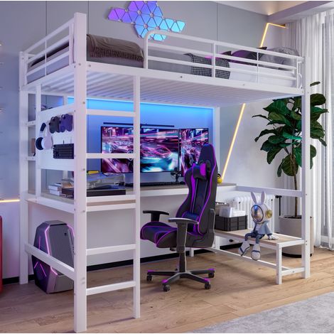 Bett Hochbett 90x200 cm modern aus Metall Weiß mit Schreibtisch, Regalen, Lochwand, LED, USB Type-C und Leiter (1/5)