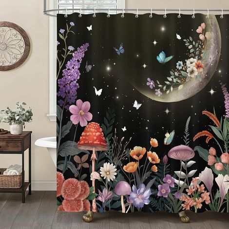 Rideau de Douche Jardin de Lune Noir 180 x 180 cm, Champignons Papillons Colorés Rideaux de Baignoire Imperméable Anti-Moisissures Tissu avec 12 Crochets (1/5)