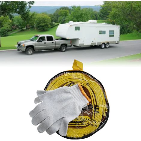 Corde de remorquage voiture 5m, charge 8 tonnes, sangle polyester robuste avec crochets, kit dépannage jaune + gants inclus. (1/5)