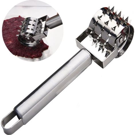 Lot de 2 rouleaux attendrisseurs de viande en acier inoxydable à aiguilles, 19 × 6 × 4 cm, couleur argent, pour steak, bœuf, poulet et porc (1/5)