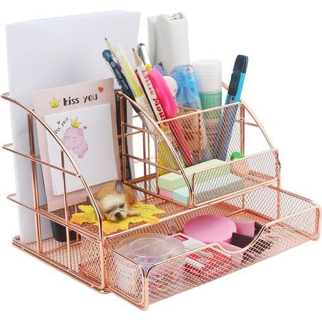 Organiseur de bureau à 6 compartiments et tiroirs, pour fournitures de bureau (or rose, 23 cm x 15 cm x 15 cm). (1/5)