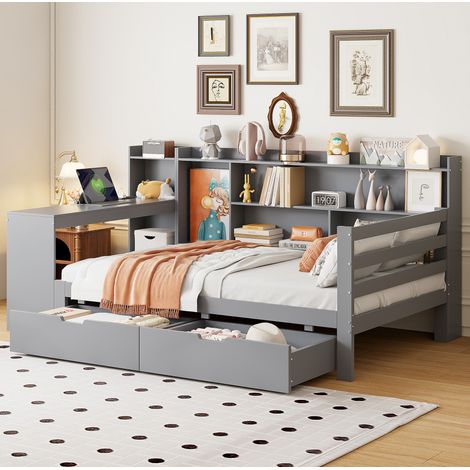Cama infantil 90x200 cm con escritorio y almacenaje, gris, madera, sin colchón FloraGrace (1/5)