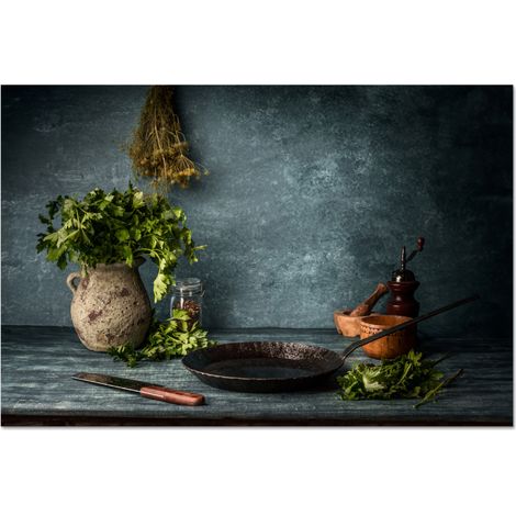 CRÉDENCE DE CUISINE Herbes - Épices - Poêle - Couteau - Gris - Rustique 90x60 (1/5)