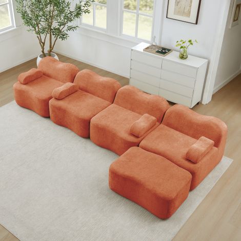 Canapé d'angle modulable 4 places sans armature orange avec 1 pouf, forme ondulée, mousse 32D, tissu doux, coussins d'accoudoirs mobiles, pour salon (1/5)