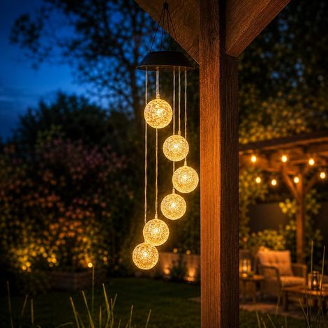Carillon solaire d'extérieur JeiibrZui - Lampe suspendue de 73 cm avec 6 boules LED blanc chaud - Éclairage de jardin sans fil pour terrasse, balcon et allée - Conception étanche IP44 (1/5)