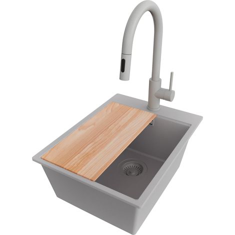PRIMAGRAN Evier Cuisine en Granit 38x50cm,Lavabo 1 bac + Robinet 40x20cm + Kit de Vidage + Planche à Découper, Évier à Encastrer au meuble 40cm - Oslo, Gris (1/5)
