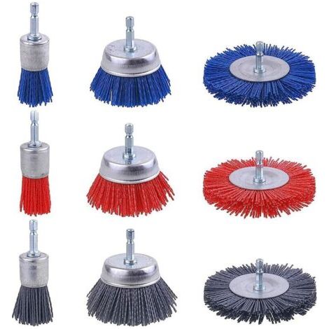 Lot de 9 Brosses Abrasives en Fil de Nylon, Brosse Nylon Perceuse avec Tige Hexagonale 1/4 Pouce, Outils Abrasifs Poncage Bois, Brosse Perceuse pour Enlever Rouille, Corrosion, Peinture (9)