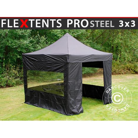Pop up gazebo FleXtents PRO Steel 3x3 m Black, incl. 4 sidewalls