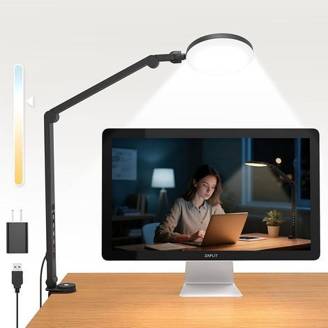 Lampe de Bureau 5V à Pince, 10W avec Bras Pivotant Réglable, Commande Tactile, 5 Températures de Couleur (1700K-6000K), 10 Niveaux de Luminosité, Minuterie, pour Télétravail et Visioconférences (1/5)
