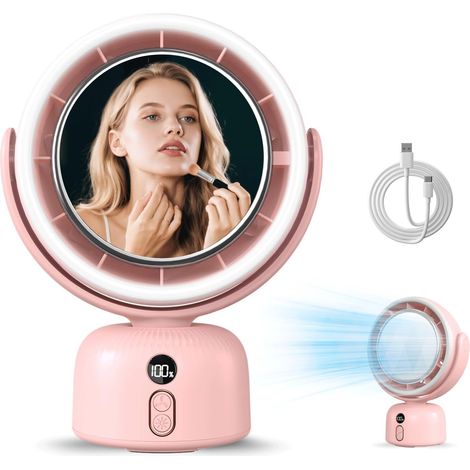 MERTTURM Ventilador de espejo con luz, USB 6000 mAh, portátil, para maquillaje, de escritorio, silencioso, compacto, con espejo giratorio automático, 5 velocidades, 3 niveles de luz, para camping, via (1/5)