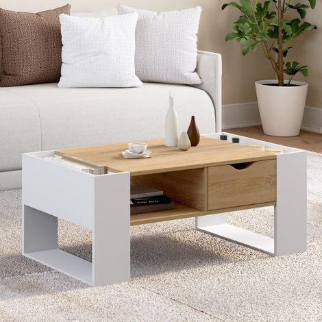 Mesa de centro rectangular BERYL con cajón de madera blanca y efecto haya (1/5)
