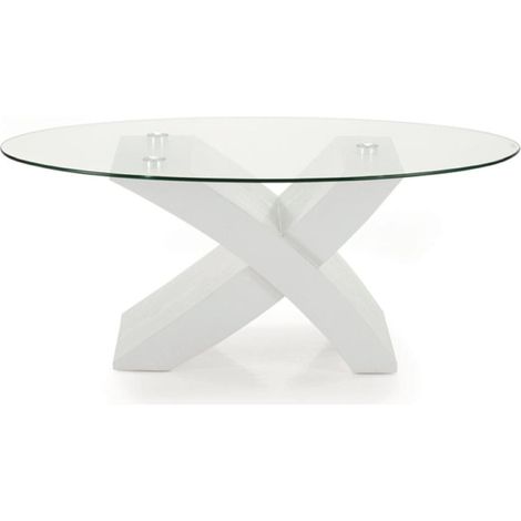 Tavolino piano in vetro ovale TITO con base color BIANCO FRASSINO (1/4)