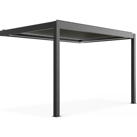 Oviala – Pergola bioclimatique adossée motorisée 3 x 4 x 2,5m – Structure en aluminium gris – Lames orientables pour régulation climatique – Éclairage LED intégré (1/5)