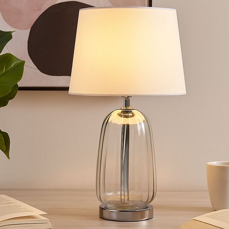Tischleuchte Wohnzimmerleuchte Tischlampe Nachttischlampe Beistellleuchte, Metall Glas Textil silber verchromt, LED 7W 560Lm warmweiß, H 52 cm