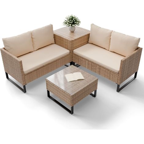 Salotto da giardino per 4 persone Santorini Crema Salotto imbottito modulare in polyrattan incl. scatola di cuscini (1/2)