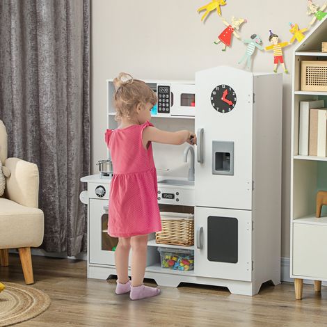 Cuisine Enfants Cuisinière Robinet Évier Micro-ondes Horloge Machine Glace Accessoires Blancs Mobilier Intérieur Bois