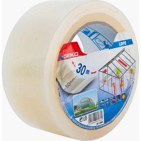 GEKO Transparentes Klebeband 50mm x 30m mit Frontetikett für die Reparatur von Gewächshäusern