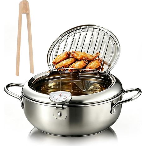 2.2L Friteuse Japonaise, Poêle à Frire Tempura avec Thermomètre, Couvercle, Égouttoir à Huile et Pince en Bambou, Friteuse Tempura en Acier Inoxydable, Friteuse Japonaise Tempura pour Frites Poulet (1/5)