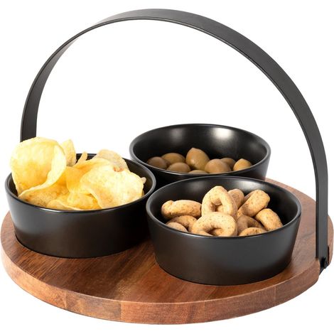 Trade Shop - Antipastiera Base In Legno Con Manico Metallo + 3 Ciotole Vassoio Finger Food -