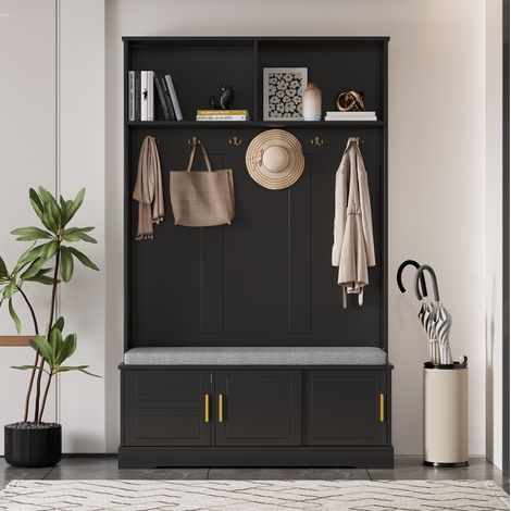 Garderobenständer mit Schuhbank, freistehend, 6 Dreifach-Haken, 120 x 40 x 191 cm, Schwarz OKMYHOME (1/5)